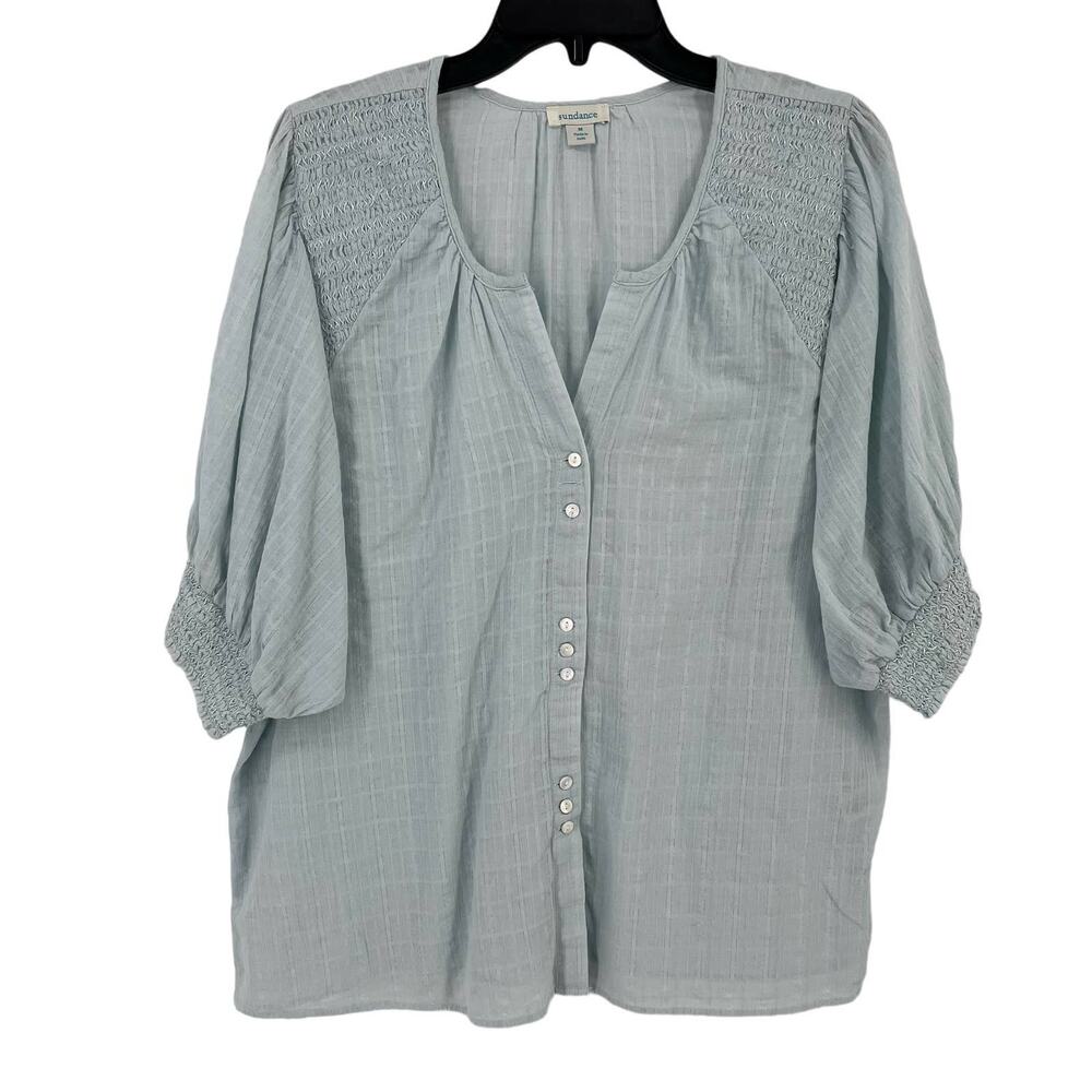 Sundance Larissa Smocked Balloon Sleeve Shirt Womens Size Medium Blue Metallic